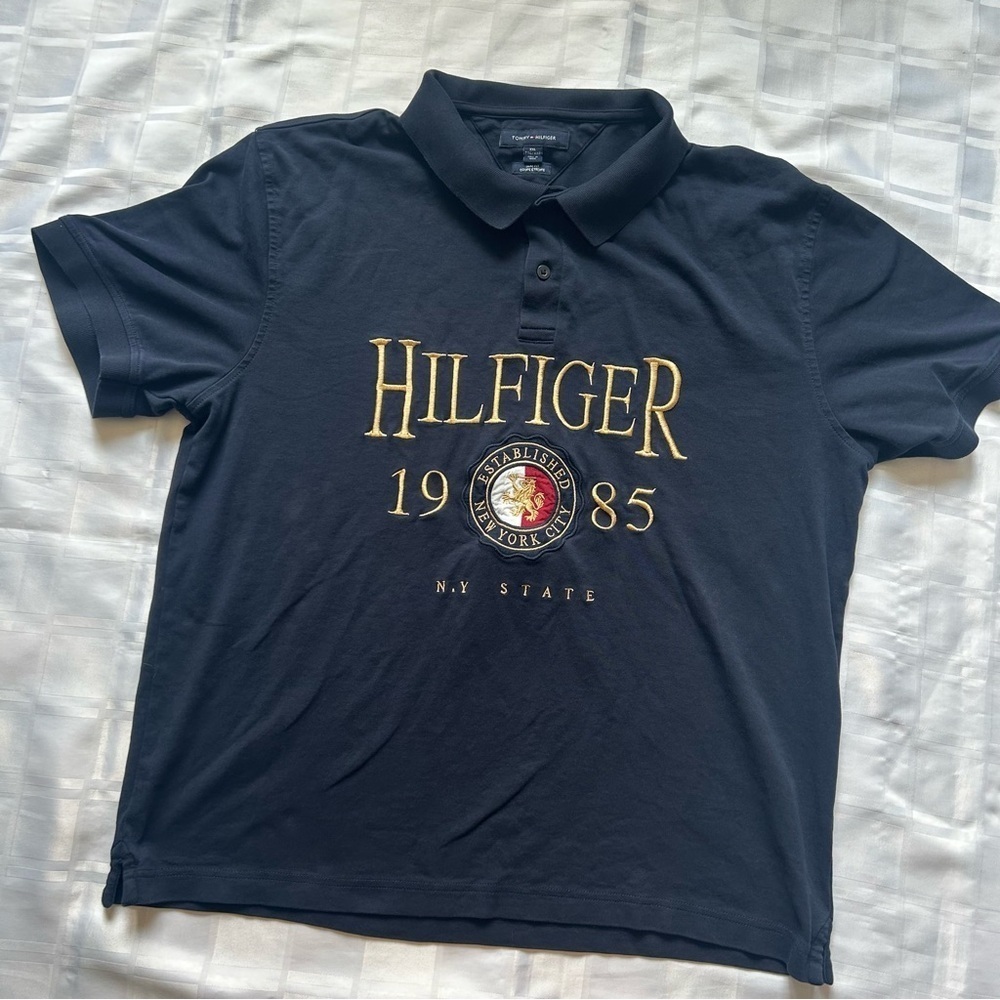 Tommy Hilfiger Large Embroidered Branding Dark Blue Short Sleeve Polo Shirt